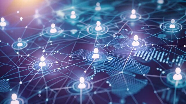 A network of people connected to each other on a blue background, representing communication and connectivity, Interpretation of technology enabling seamless communication among remote individuals