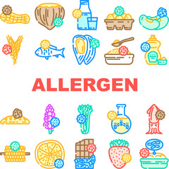allergen product free food icons set vector. gluten sugar, egg soy, lactose vegan, gmo dairy, milk label, organic cosmetic, fat allergen product free food color line illustrations