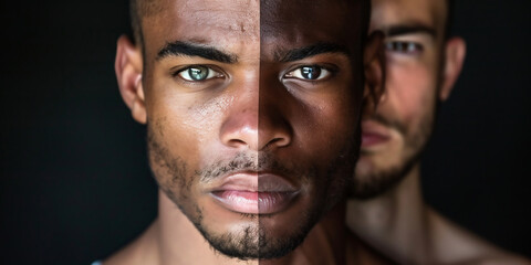 Fototapeta premium Portrait African American Man Face Male, Split Portrait With Different Skin Tones, Two Men