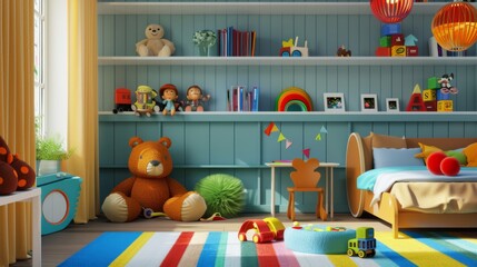 A child's bedroom decorated with colorful toys, books on shelves, and a playful theme.