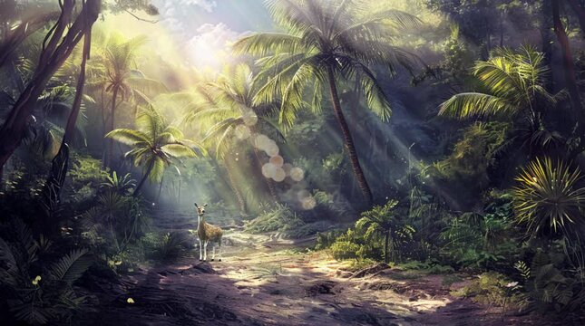 morning in the forest with coconut trees. footage animation video