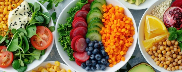 Eye catching plant based protein bowl with a variety of fresh produce, colorful plant based protein bowls, food styling