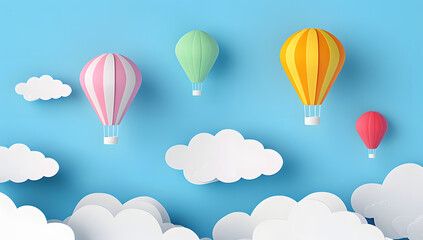 Obraz premium Paper art style of colorful hot air balloons and cloud on blue sky. Vector illustration