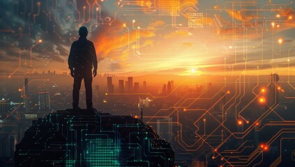 Human silhouette of an engineer standing atop, overlooking a cityscape with glowing lines and shapes representing data flow. background is filled with intricate network patterns and digital symbols.