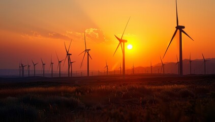 Obraz premium Wind turbines against the backdrop of an orange and blue sunset sky, symbolizing green energy production. Environment and global warming. Climate crisis co2