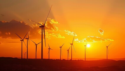 Obraz premium Wind turbines against the backdrop of an orange and blue sunset sky, symbolizing green energy production. Environment and global warming. Climate crisis co2