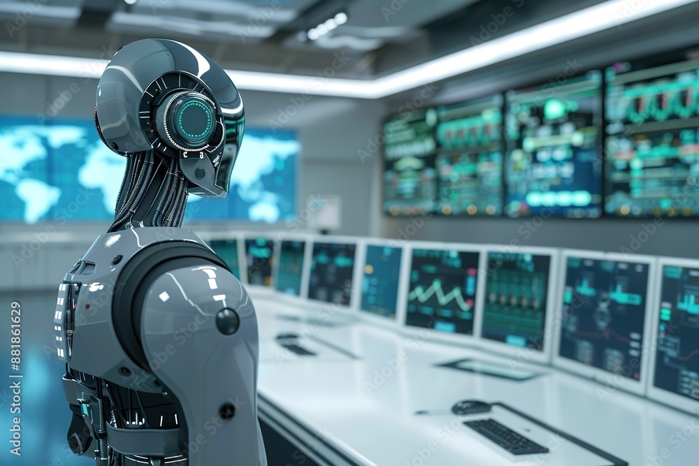 Poster futuristic robot in high-tech control room monitoring data.