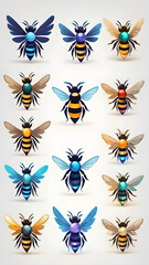 set bees isolated on white background