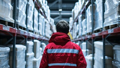 Warehouse worker in a red jacket is walking through the cold storage, surrounded by shelves filled with white plastic boxes and various goods.