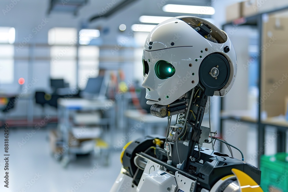 Poster sophisticated robot head with glowing eye, tech lab backdrop