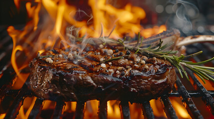 Tomahawk steak with rosemary, grill marks prominent, with fiery flames and smoky tendrils creating a dramatic outdoor setting