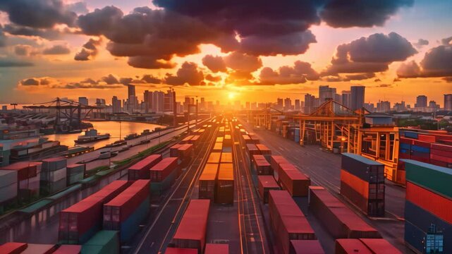 A train yard filled with trains and tracks under a colorful sunset sky, Investigating the ripple effects of recession on industries and supply chains