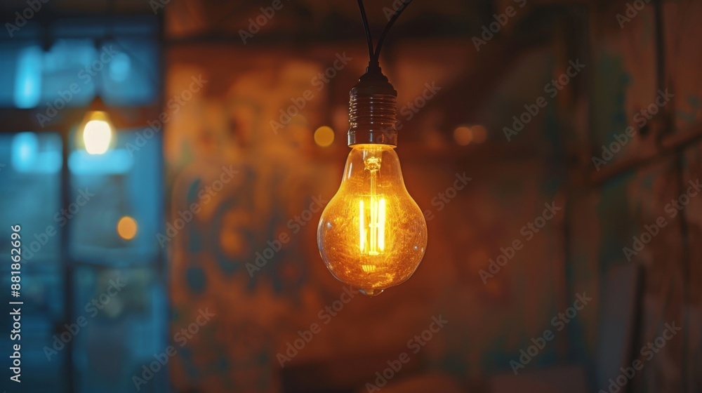 Poster a close-up of a glowing incandescent light bulb hanging from the ceiling in a dimly lit room.