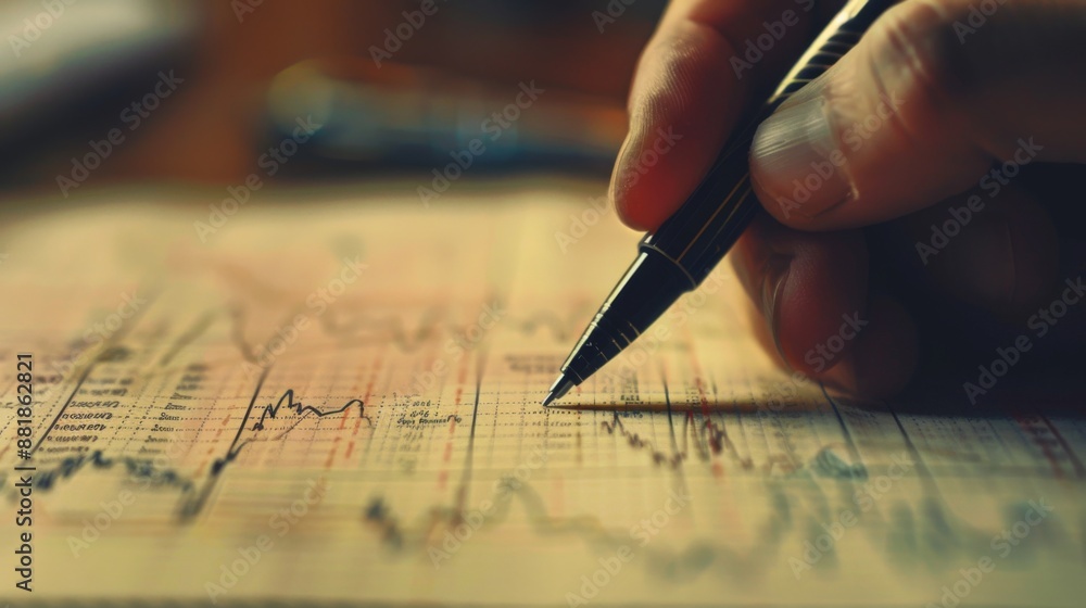 Aufkleber a close-up of a hand holding a pen, pointing to a specific point on a line graph.