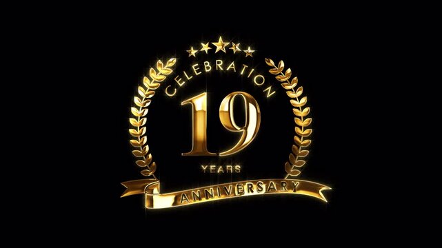 Luxurious 19th Anniversary Celebration. Golden 19 Years Anniversary Animation in Gold Color on the Transparent Background, Alpha Channel. Great for greetings, celebrations, events, and gifts.