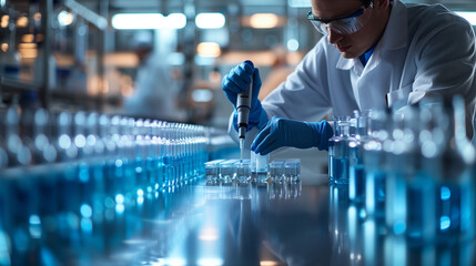 Lab technician carefully handles pipette in bright, sterile chemistry lab, focusing on chemical experiments.

