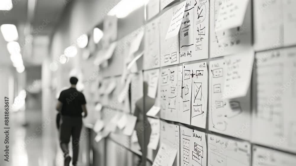 Poster numerous colorful post-it notes completely cover a wall in this busy and organized workspace, iterat