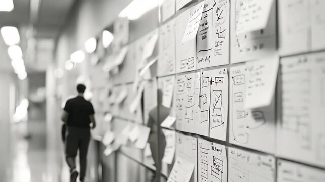 Numerous colorful post-it notes completely cover a wall in this busy and organized workspace, Iterative process of designing and developing software
