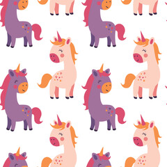 Seamless pattern with cute cartoon unicorns. Girly nursery art background.