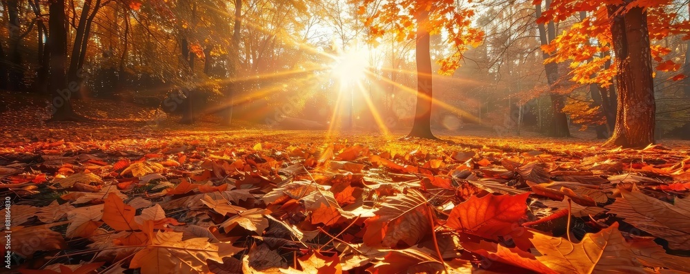 Poster sunlight filtering through autumn trees, illuminating fallen leaves on the forest floor, creating a 
