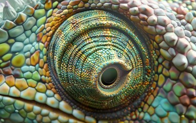 Fototapeta premium Close-up of a chameleon's eye, showcasing its vibrant colors and intricate patterns.