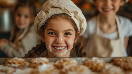 Happy kids baking in the kitchen, smiles on their faces as they make cookies together.