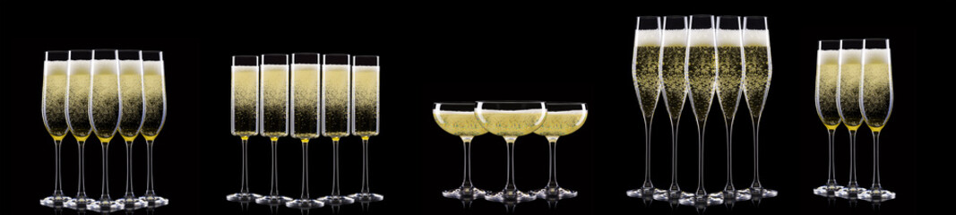 Set of luxury champagne glasses in a row isolated on a black background