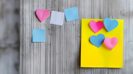 Yellow sticky note, decorated with heart-shaped paper attached to a concrete wall, with room for text	
