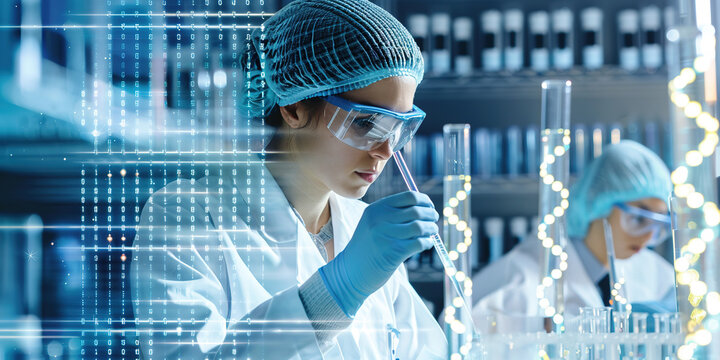 Scientists in lab with digital DNA strands, exploring advanced r