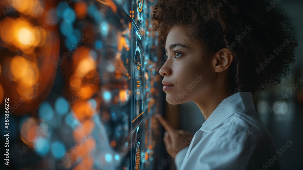 Poster woman interacts with futuristic digital display, analyzing data with a focus on innovation and techn