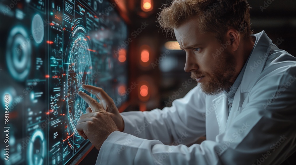 Poster scientist interacts with a futuristic hologram, analyzing complex data on a digital screen.