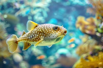 Yellow Spotted Puffer Fish in a Colorful Aquarium