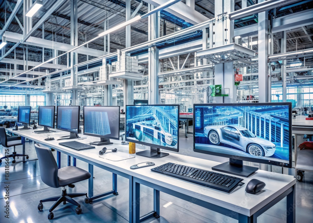 Poster modern automotive factory work desk with multiple computer monitors displaying real-time data and gr