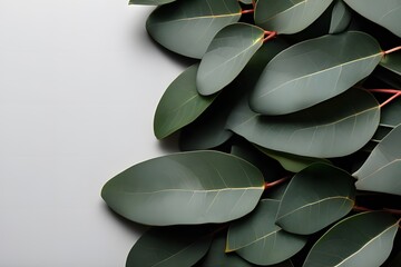 Eucalyptus leaves arranged in a corner against white background. Concept of natural elegance and minimalist decor.