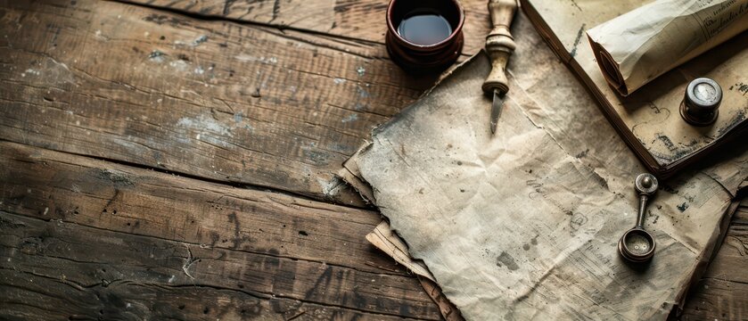 Vintage Writing Tools and Papers on Wooden Surface