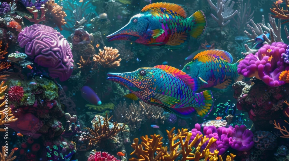 Poster a coral reef scene with colorful parrotfish grazing on algae, surrounded by other reef inhabitants.