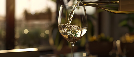 White wine pours gracefully into a glass, with a soft, sunlit background creating a warm and inviting ambiance.