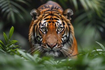 Fototapeta premium A Sumatran tiger emerging from the dense underbrush, its powerful body and striking orange coat with black stripes making it a majestic sight.