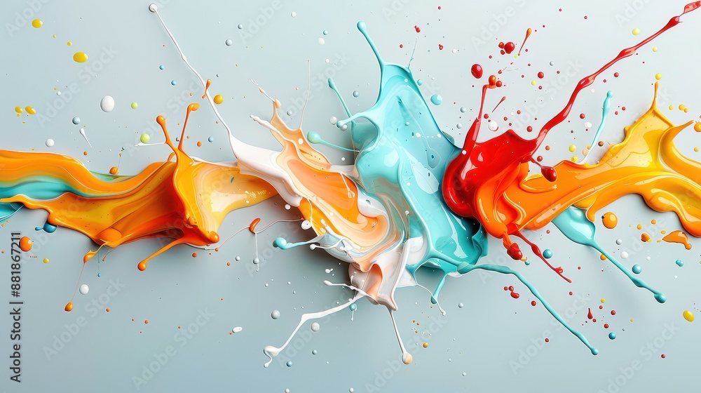 Poster a colorful abstract artwork with flowing splashes of paint in shades of blue, red, and orange, set a