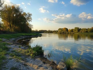 Fototapeta premium A tranquil lakeside scene featuring calm water, lush trees, and a clear blue sky with scattered clouds