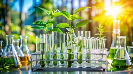 Plant science laboratory research, biological chemistry test, green nature organic leaves experiment in vitro, field of chemical medicine biotechnology or medical ecology laboratory technology.