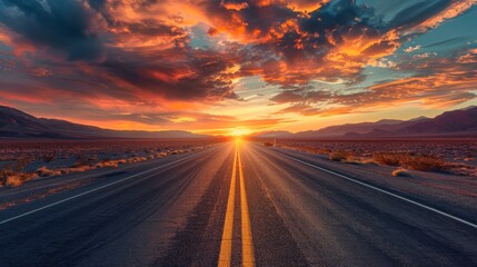 A deserted desert highway stretching into the distance under a dramatic sunset sky.