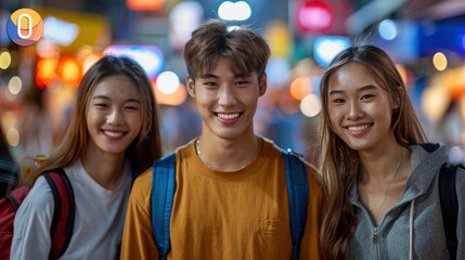 Fototapeta premium Multiracial Asian tourists, smiling and chatting, enjoy shopping together in the vibrant markets of Malaysia