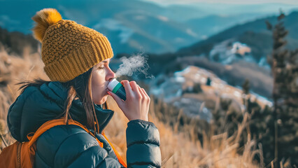 A woman is using an inhaler in the winter mountains while wearing a yellow beanie and jacket. She finds asthma relief during her outdoor adventure