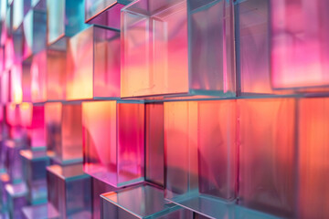 Abstract 3D cubes background with glass-like transparent elements and reflections in blue and white tones
