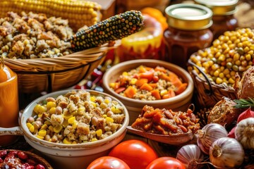 Obraz premium A colorful display of assorted harvest foods including corn, tomatoes, grains, and mixed dishes, depicting an abundant and festive autumn feast.