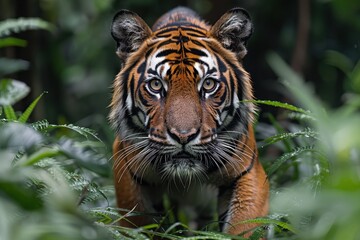 Obraz premium A Sumatran tiger emerging from the dense underbrush, its powerful body and striking orange coat with black stripes making it a majestic sight.