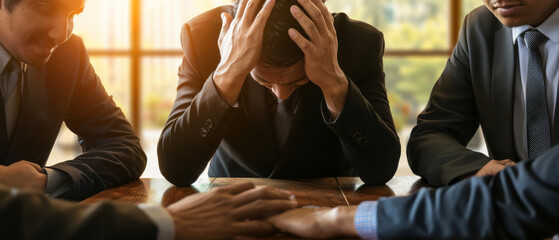 Fototapeta premium Business meeting gone wrong, with a distressed man holding his head while colleagues gather around a table offering support.