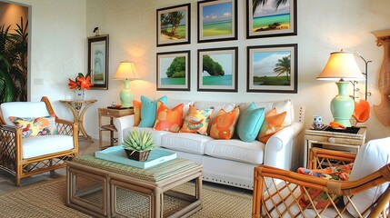 Tropical Vibes in a Bright Living Room with Colorful Picture Frames