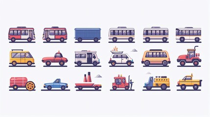 Colorful cartoon style vehicles icon set.